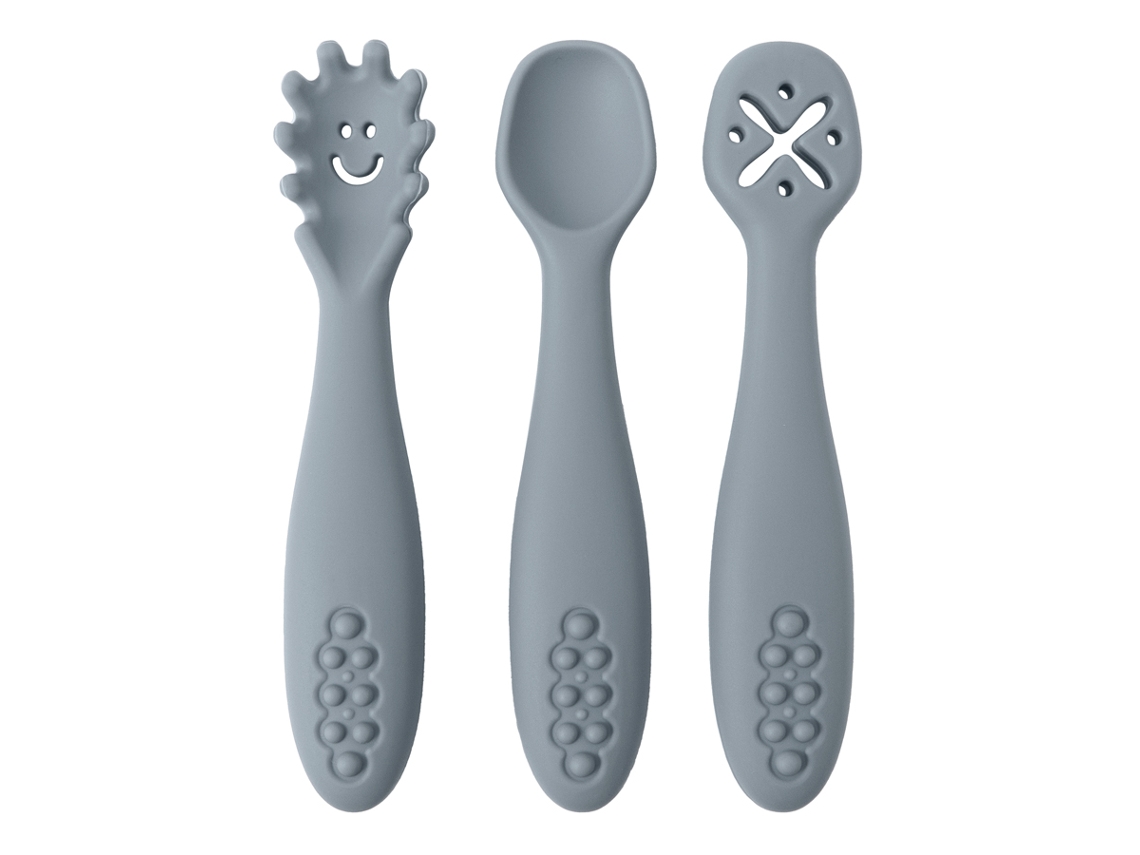 Conjunto de Talheres de Silicone para Bebê com 3 Peças, Incluindo uma Colher e um Garfo Macios. MDUG (cor de Pedra)
