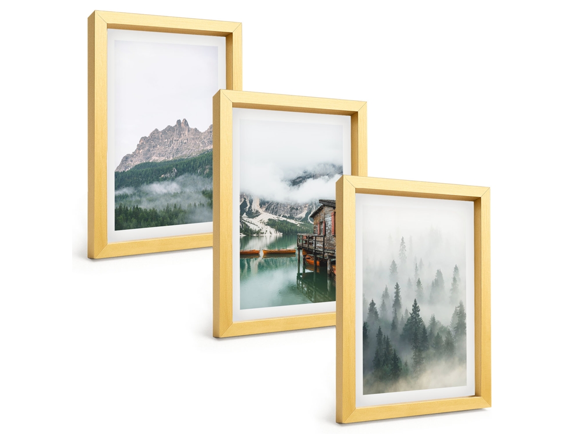 Composição De Quadros Na Paredemontanhas, Lago, Cabana Neblina Moldura Dourada Quadros Para A Sala De Estar Espelharte (3 Peças 20x30 Cm)
