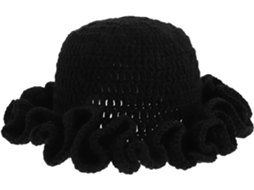 Gorro Feminino Tricotado À Mão Com Acabamento Franzido, Preto, Macio E Quente, Dobrável E Confortável.