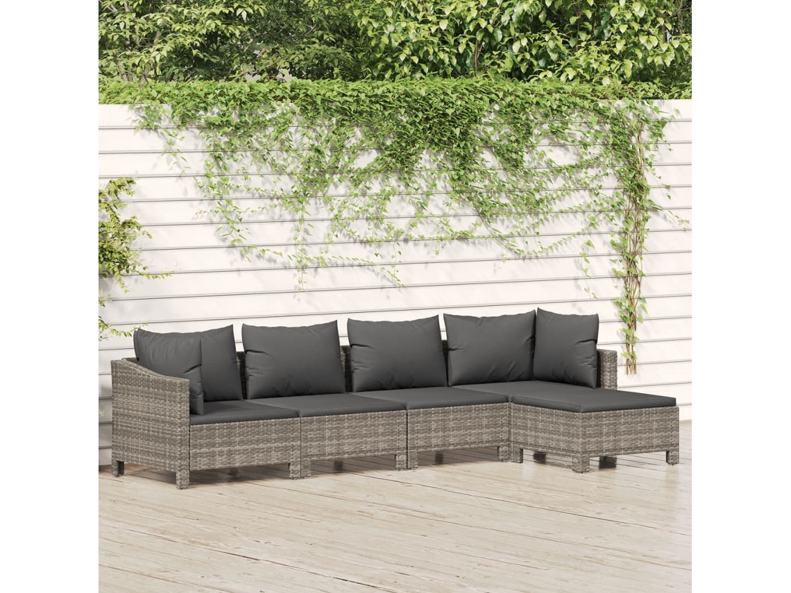 Conjunto 5 Peças Lounge De Jardim C/ Almofadões Vime Pe Cinzento Dkd Home Decor