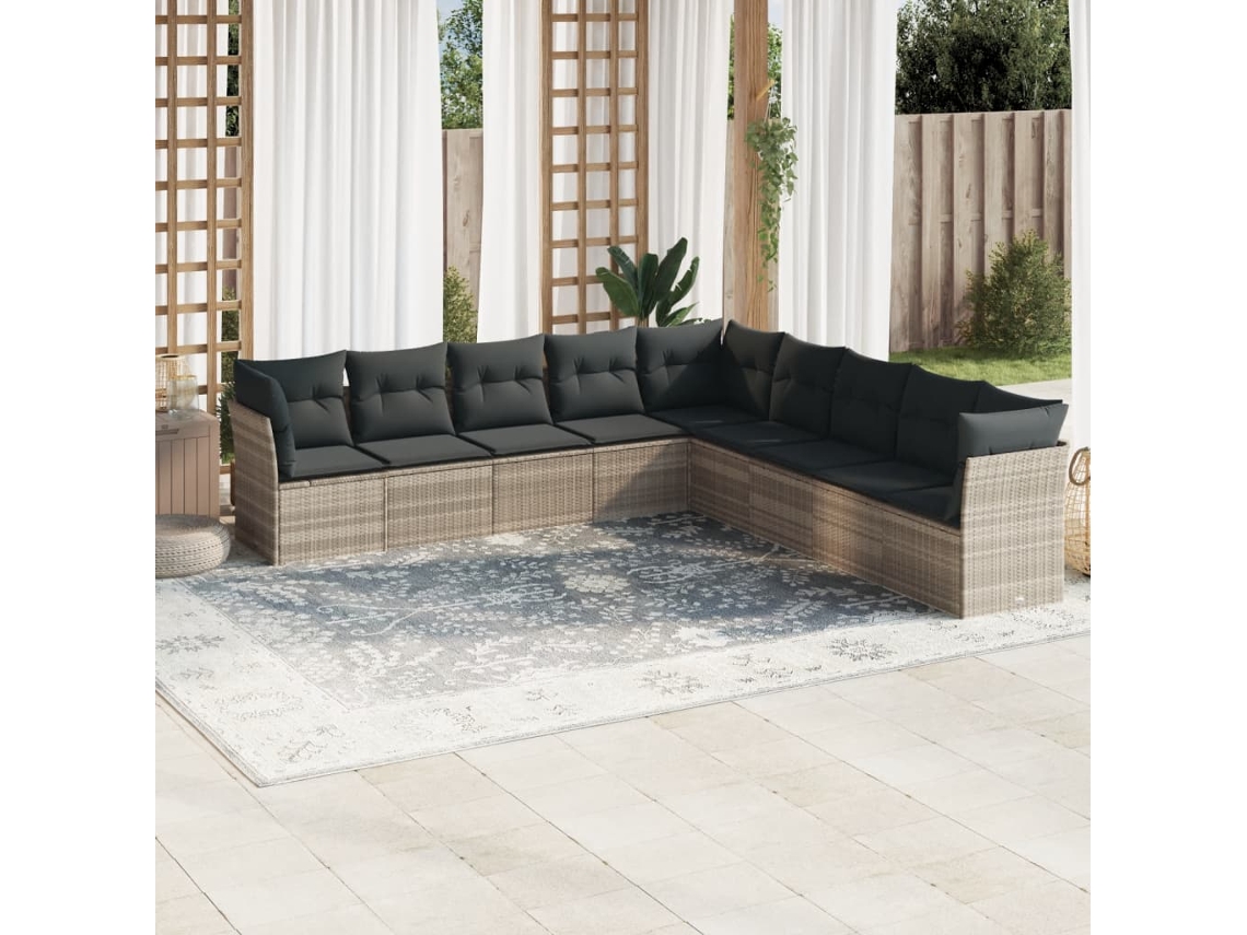 Vidaxl 9 Pcs Conj. Sofás Jardim Com Almofadões Vime Pe Cinzento-claro