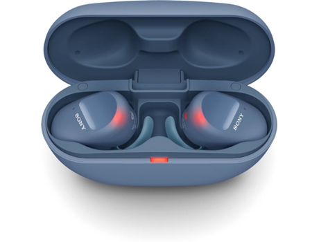 Auriculares Bluetooth True Wireless SONY Wfsp800Nb.C (In Ear - Microfone - Noise Cancelling - Azul) — Auriculares com cancelamento de ruído verdadeiramente sem fios para desporto. Conetividade Bluetooth estável. Classificação IP55 para utilização externa e limpeza fácil. Até 18H autonomia da bateria c/ caixa de carregamento e carga rápida
