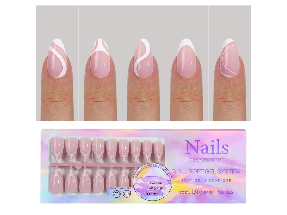Unhas Falsas De Arte Em Unhas Removíveis Com 15 Tamanhos E 150 Peças Em Gelo Macio Estilo Manicure Francesa
