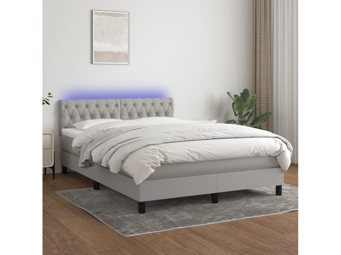 Cama box spring c/ colchão e LED 140x200 cm tecido cinza-claro