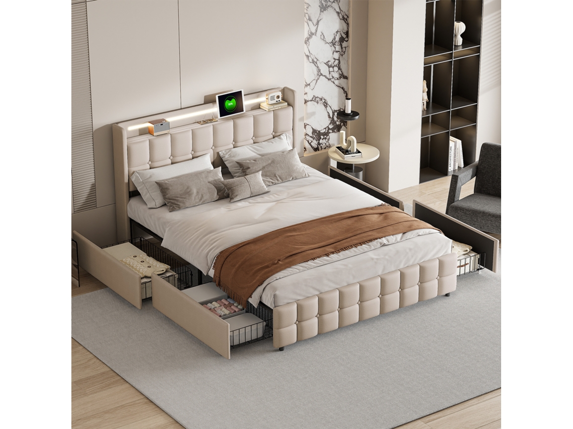 Cama De Casal Com 4 Gavetas 160x200cm Led - Tecido De Linho Bege - Carregamento Usb