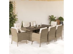 Conjunto 9 Peças Jantar P/ Jardim Com Almofadões Vime Pe Bege Dkd Home Decor