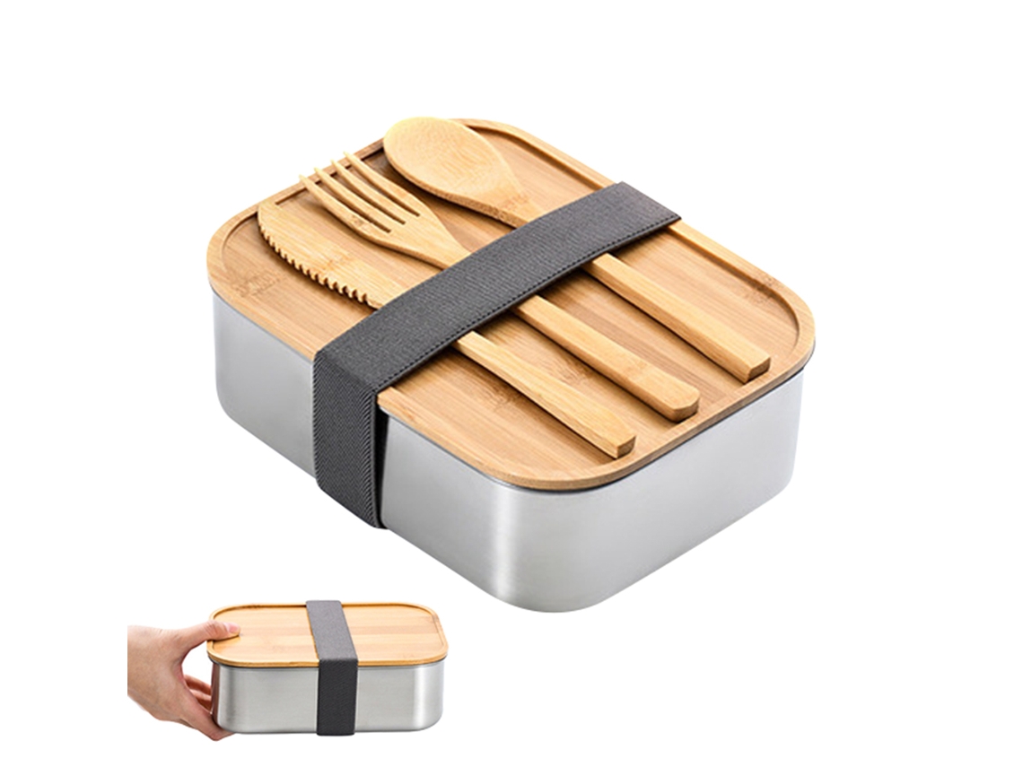 Caixa de Lanche de Aço Inox com Tampo de Madeira e Talheres