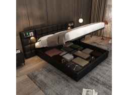 Cama Casal Preta 180x200cm Estofada, Pu, Hidráulica, Usb, Carregamento Sem Fio, Ripas. -op