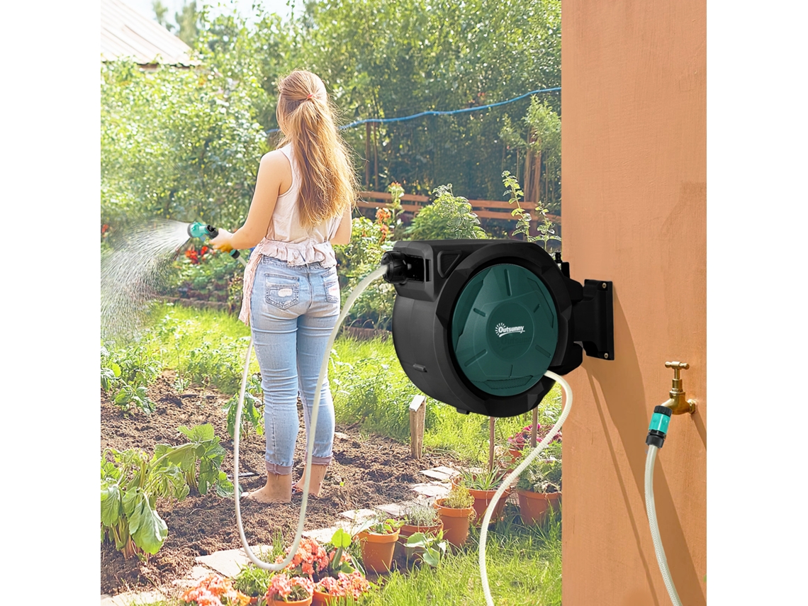 Enrolador De Mangueira Jardim Parede 30 M X Ø 15 Mm Recolhedor Automático Mangueiras Água Retrátil Verde