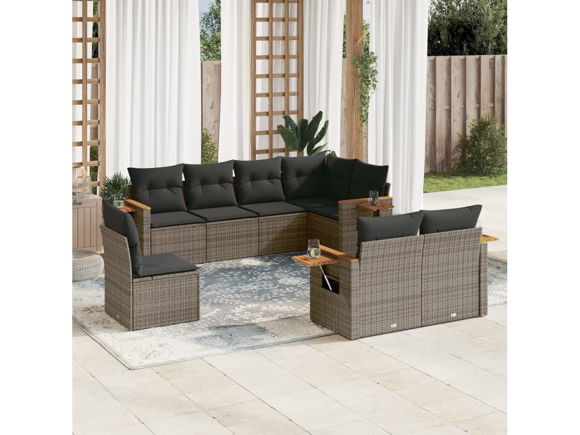Vidaxl 8 Pcs Conjunto Sofás De Jardim C/ Almofadões Vime Pe Cinzento