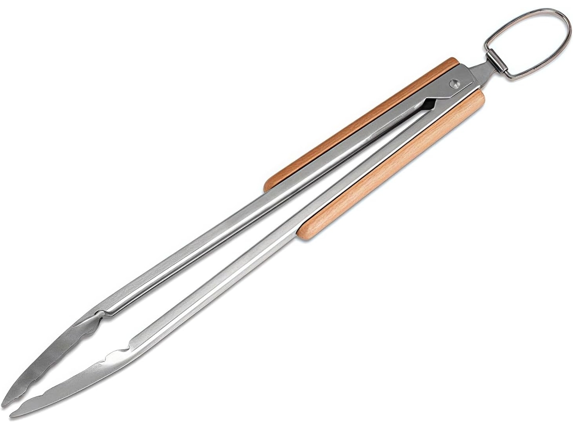 Pinça Para Churrasco De 35, 6cm Em Aço Inoxidável Com Cabo De Madeira, Antiderrapante, Ideal Para Cozinhar, Virar E