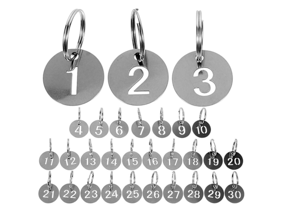 Conjunto de 30 Chaveiros com Etiquetas Numeradas em Aço Inoxidável, de 1 a 30 BRILVIBERA