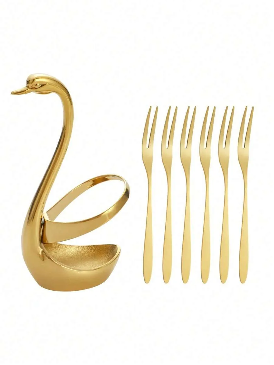 (6 Unidades Banhadas A Ouro) Garfos De Aço Inoxidável Banhados A Ouro Para Frutas, Bolos E Saladas, Com Bases Em Formato De Cisne.