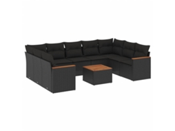 Conjunto de 10 Sofás de Jardim com Almofadões Vime Pe Preto MAISON EXCLUSIVE