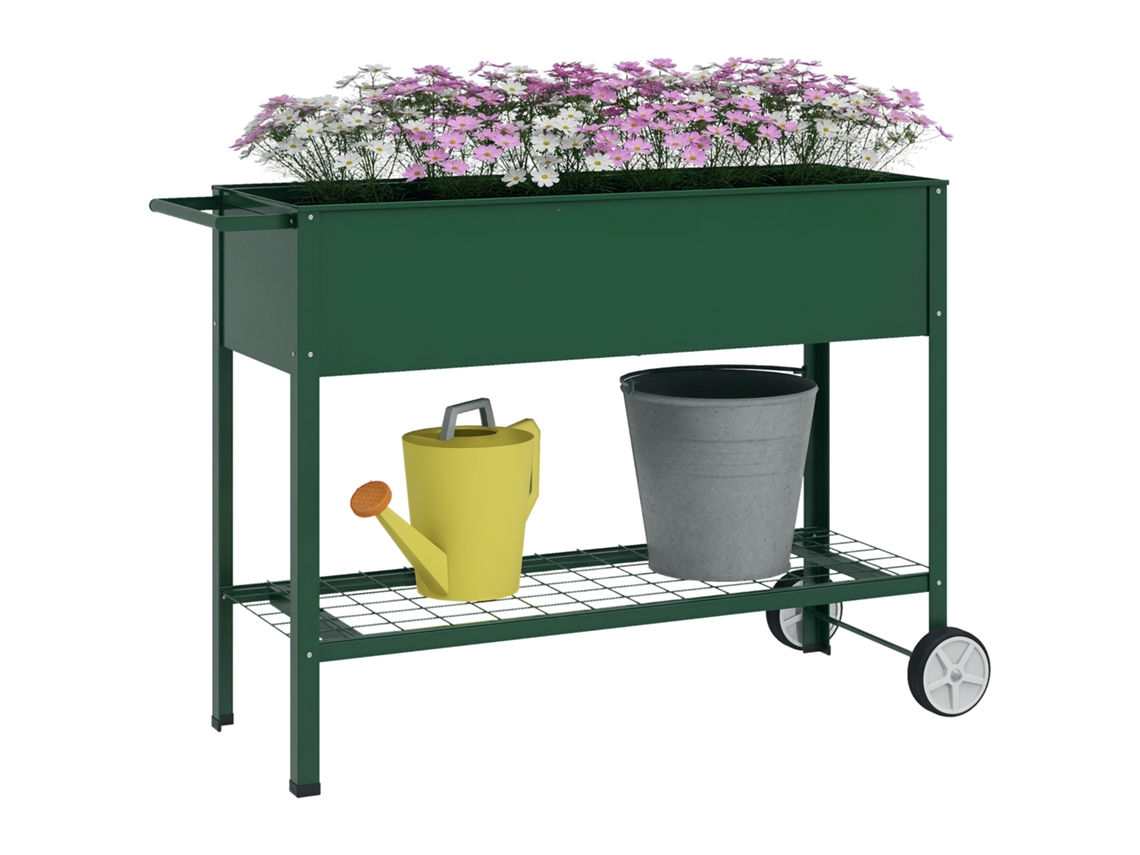 Canteiro elevado com prateleira, 2 rodas, 109x44x80cm, BTFORUS, verde jardim