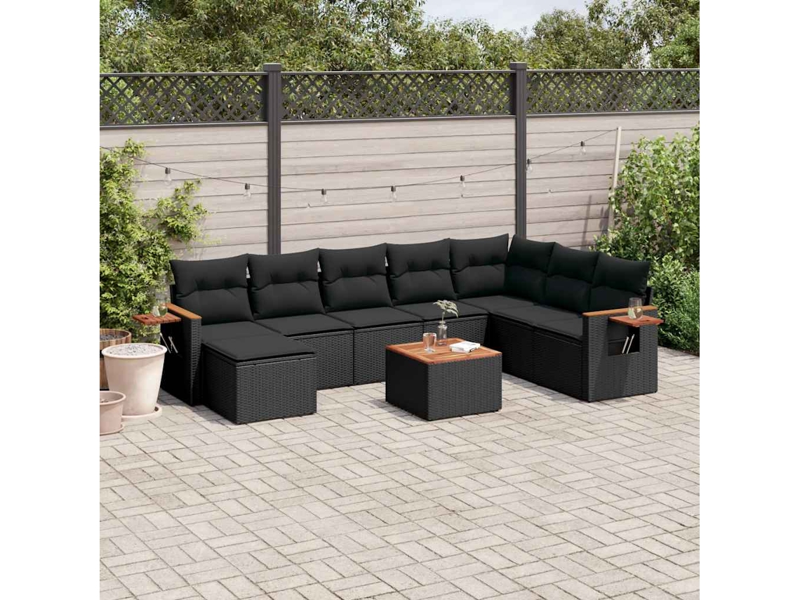 Vidaxl 9 Pcs Conjunto De Sofás P/ Jardim C/ Almofadões Vime Pe Preto