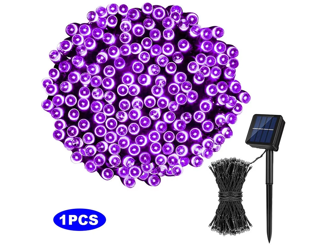 Cordão De Luz Led Solar 100 Leds, 12m, 8 Modos E Ip65 - Roxo - Eifson