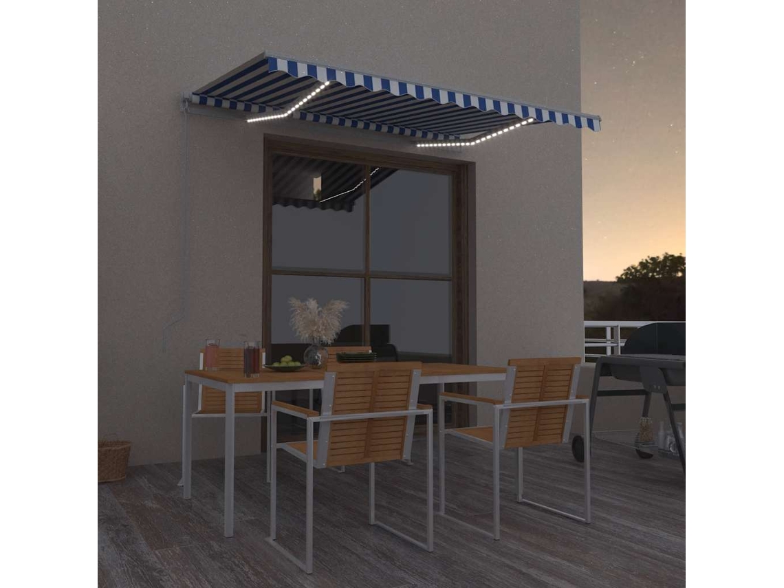 Vidaxl Toldo Retrátil Manual Com Led 300x250 Cm Azul E Branco