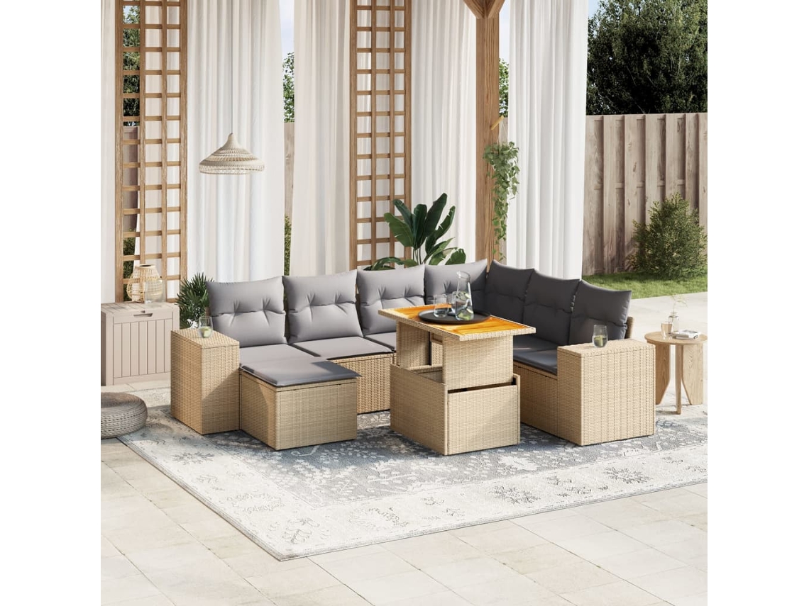Vidaxl 8 Pcs Conjunto De Sofás P/ Jardim Com Almofadões Vime Pe Bege