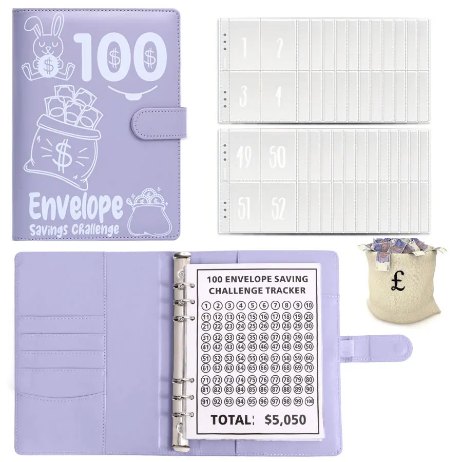 (conjunto Roxo, A5) Organizador De Orçamento De Poupança Com Folhas Soltas E Envelopes Para Dinheiro - Desafio Dos Envelopes