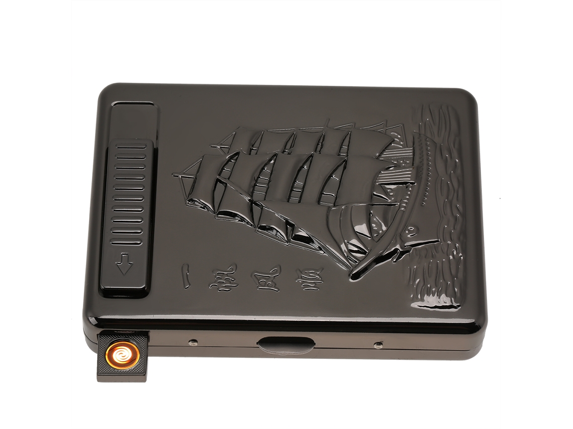 Estojo De Cigarro Metal 2 Em 1 Com Isqueiro Elétrico Recarregável Usb Preto
