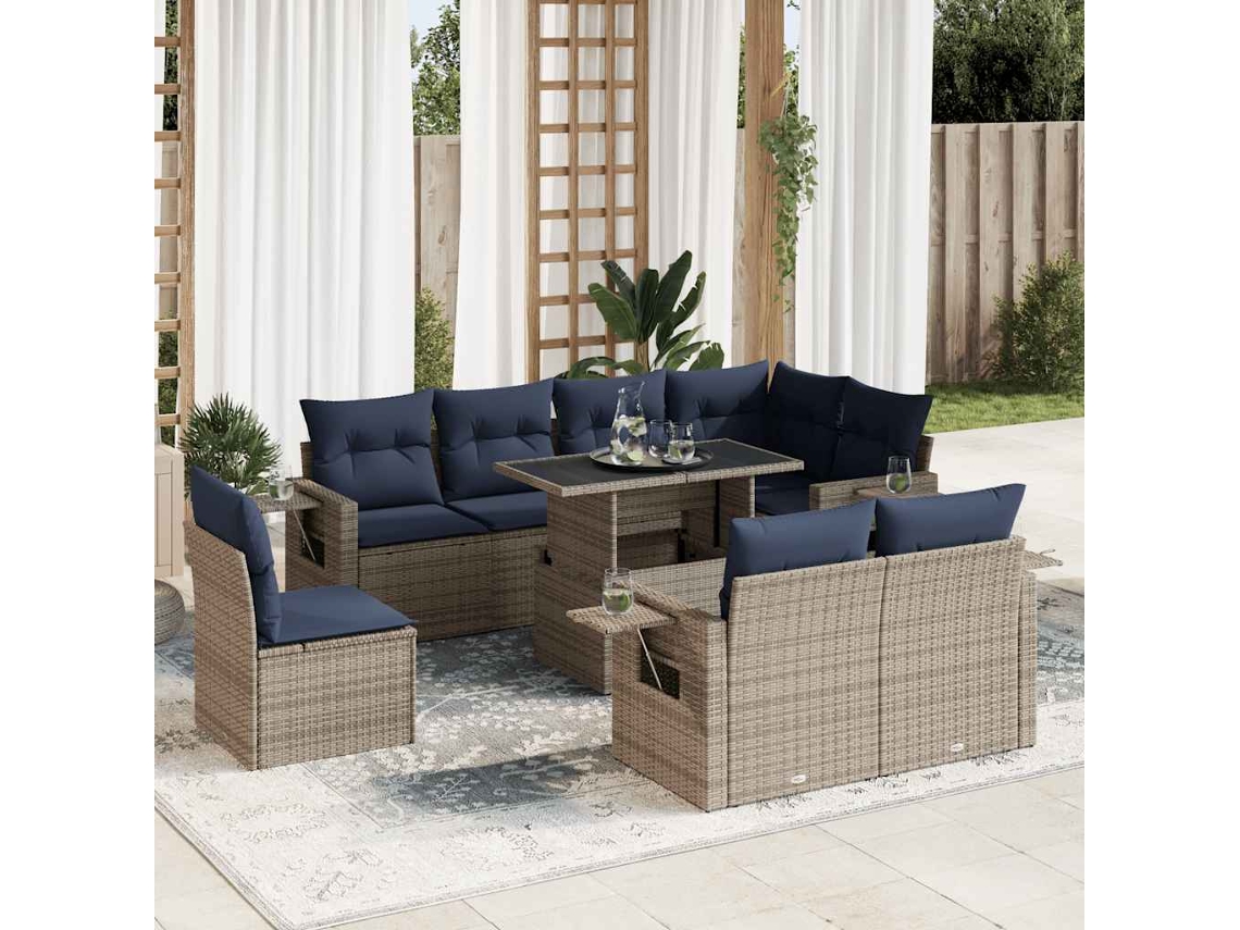Vidaxl 9 Pcs Conj. Sofás Jardim C/ Almofadões Vime Pe Cinzento