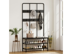 3-em-1 Guarda-roupa De Pé, Ganchos Para Roupas, Banco De Assento, Prateleira Para Sapatos, Metal, Painel De Partículas, Preto