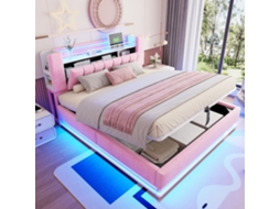 Cama Estofada Inteligente De 180 X 200 Cm Com Iluminação Led, Armazenamento Usb E Hidráulico, Capa De Veludo Macio E Estrutura Metálica Rosa Cs
