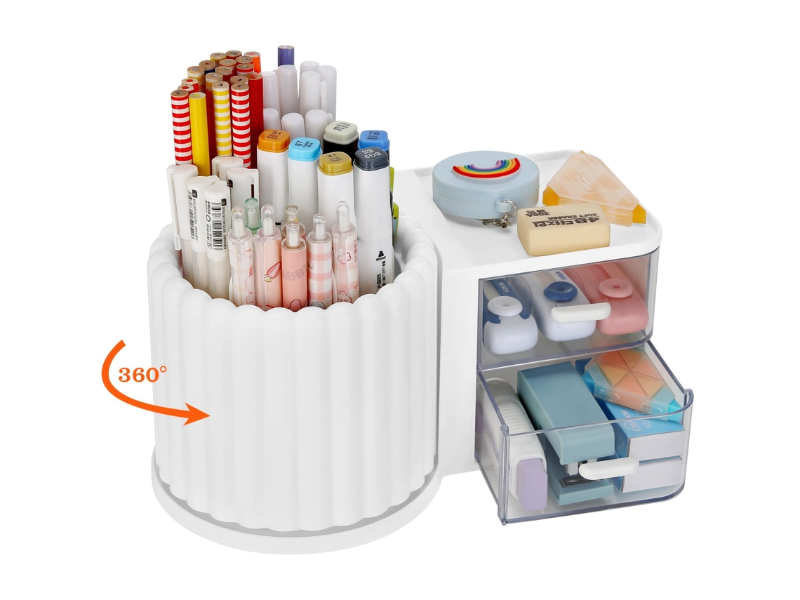 Organizador Giratório Branco com Duas Gavetas . Porta Canetas para Escritório, Casa e Materiais de Arte. (1 Unid.)