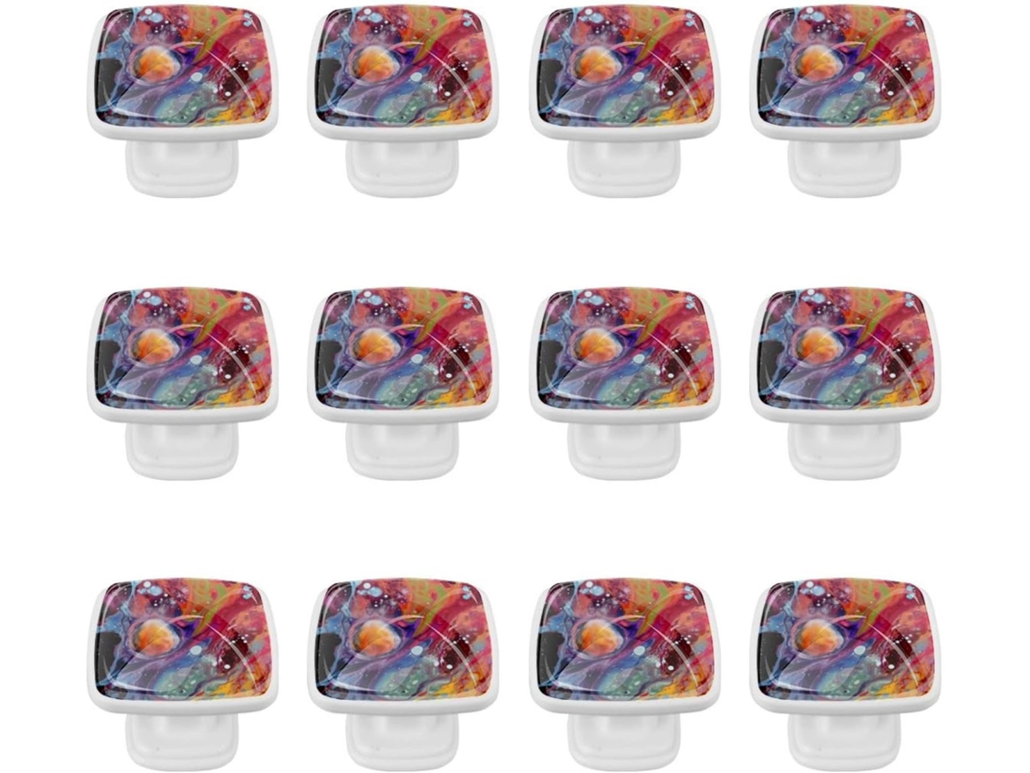 Puxadores E Botões Quadrados Para Gavetas Armários, Conjunto De 12 Peças, Com Pintura Abstrata Em Aquarela, Ideais Para