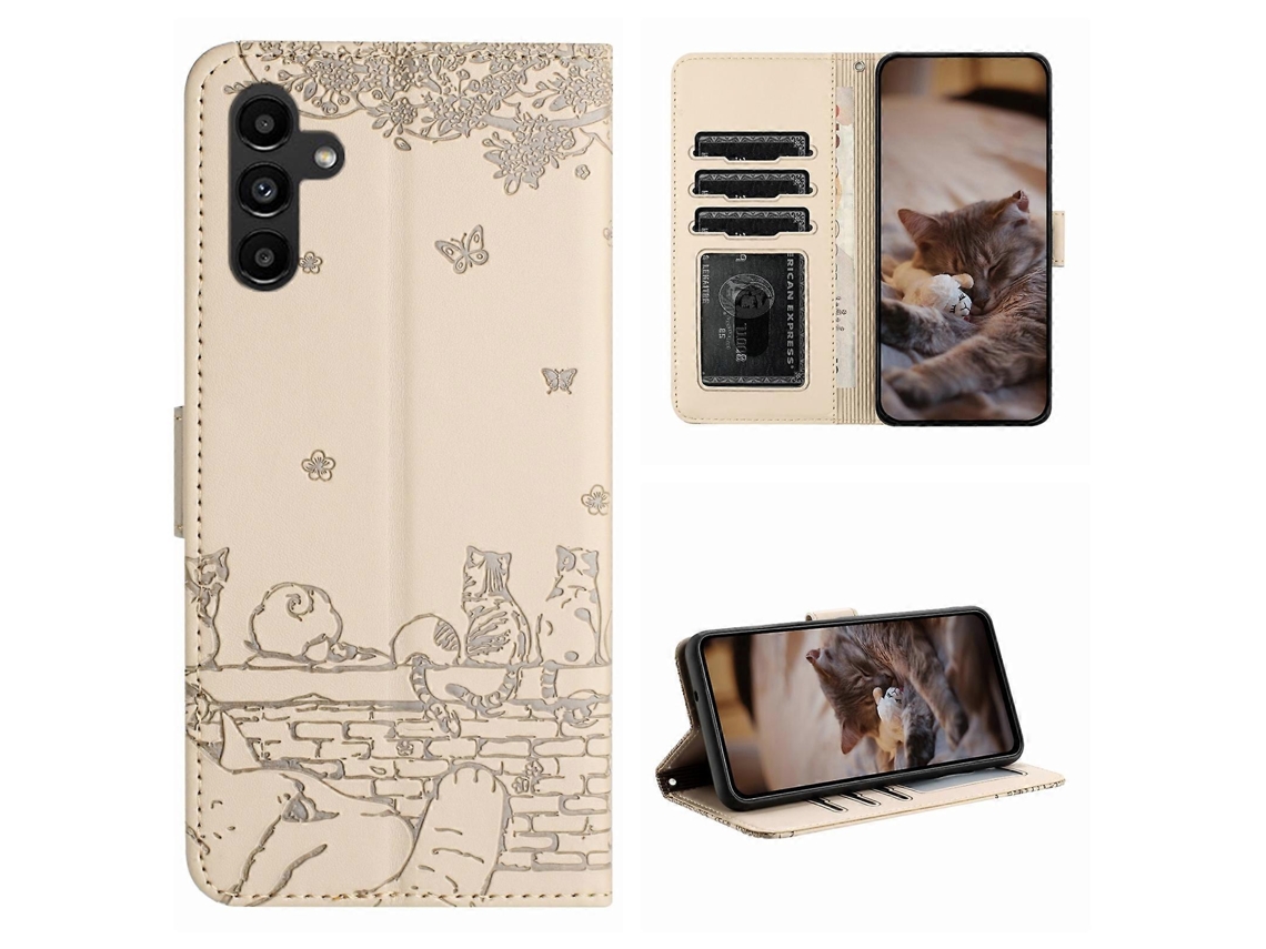 Capa De Couro Para Celular Com Estampa De Gato E Cordão