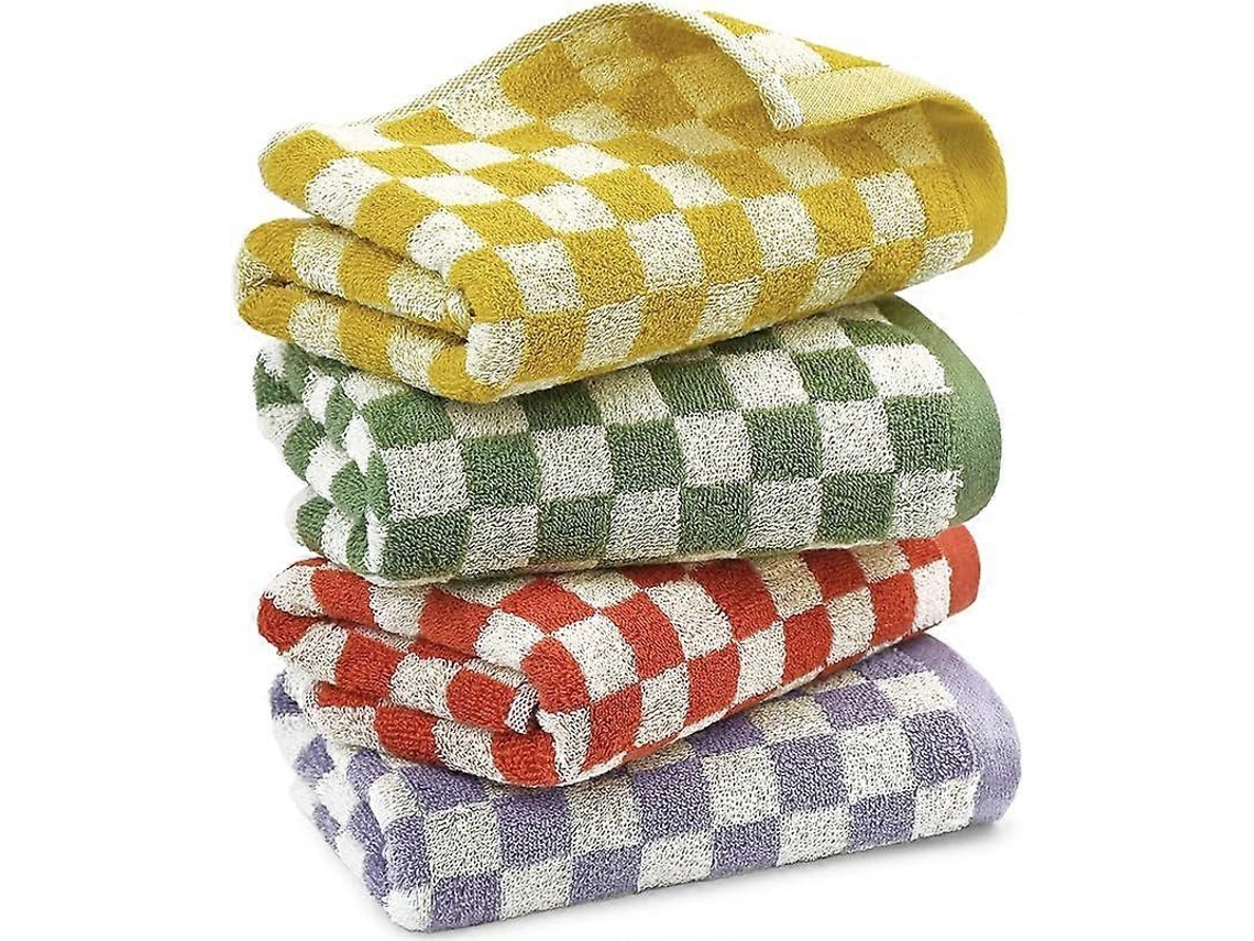 Rebe toallas de Mano para Baño 4 Paquetes, Algodón Suave Absorbente, Cuadros Decorativos, 75*35cm, Amarelo Roxo Verde Vermelho