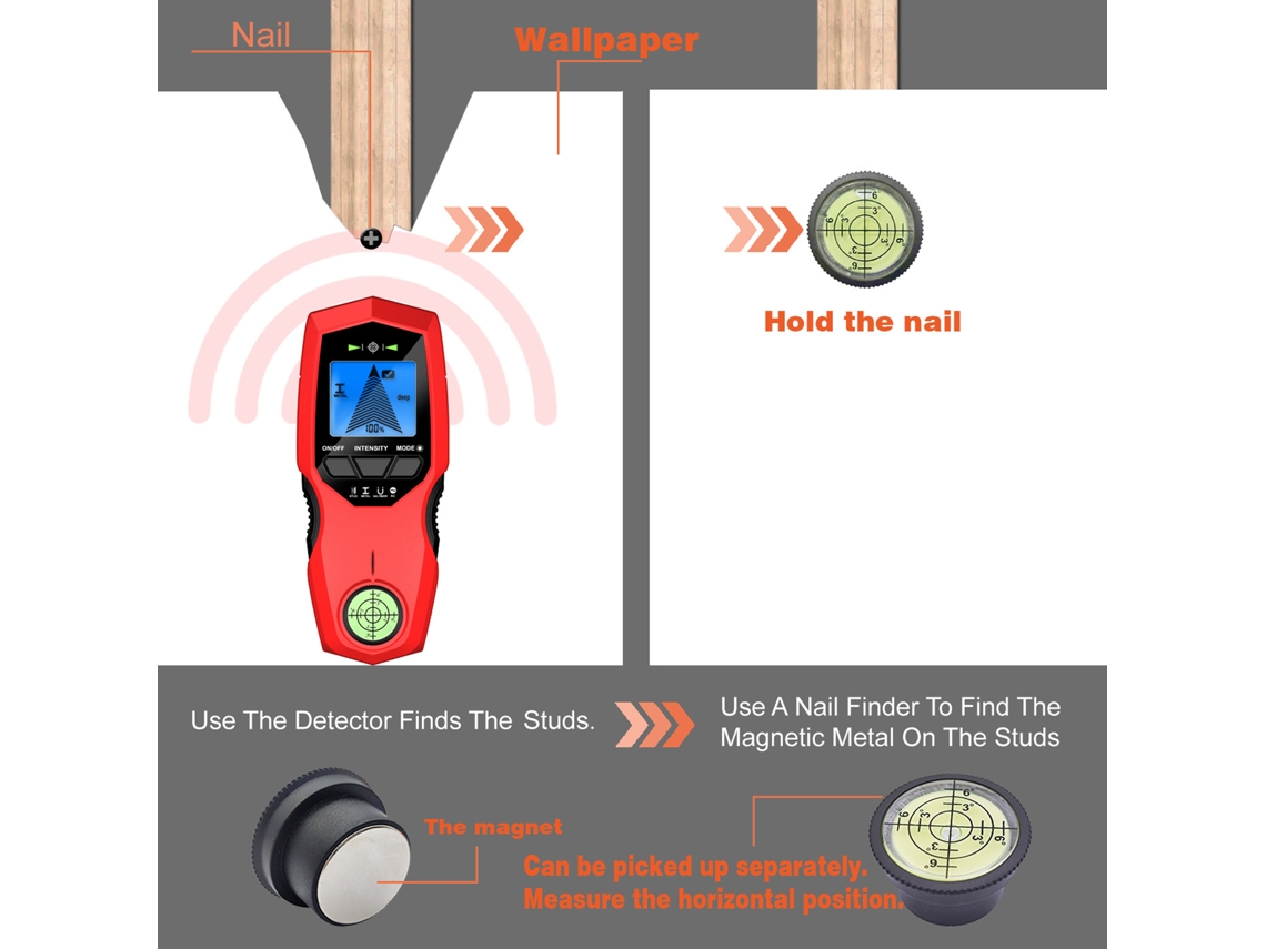 Detector de Parede Digital com Lcd Retroiluminado para Metal Vigas e Cabos Ca com 3 Modos