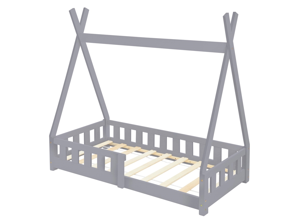Cama de crianças ML-Design tipi 70x140cm cinza claro proteção anti-queda e base de ripas