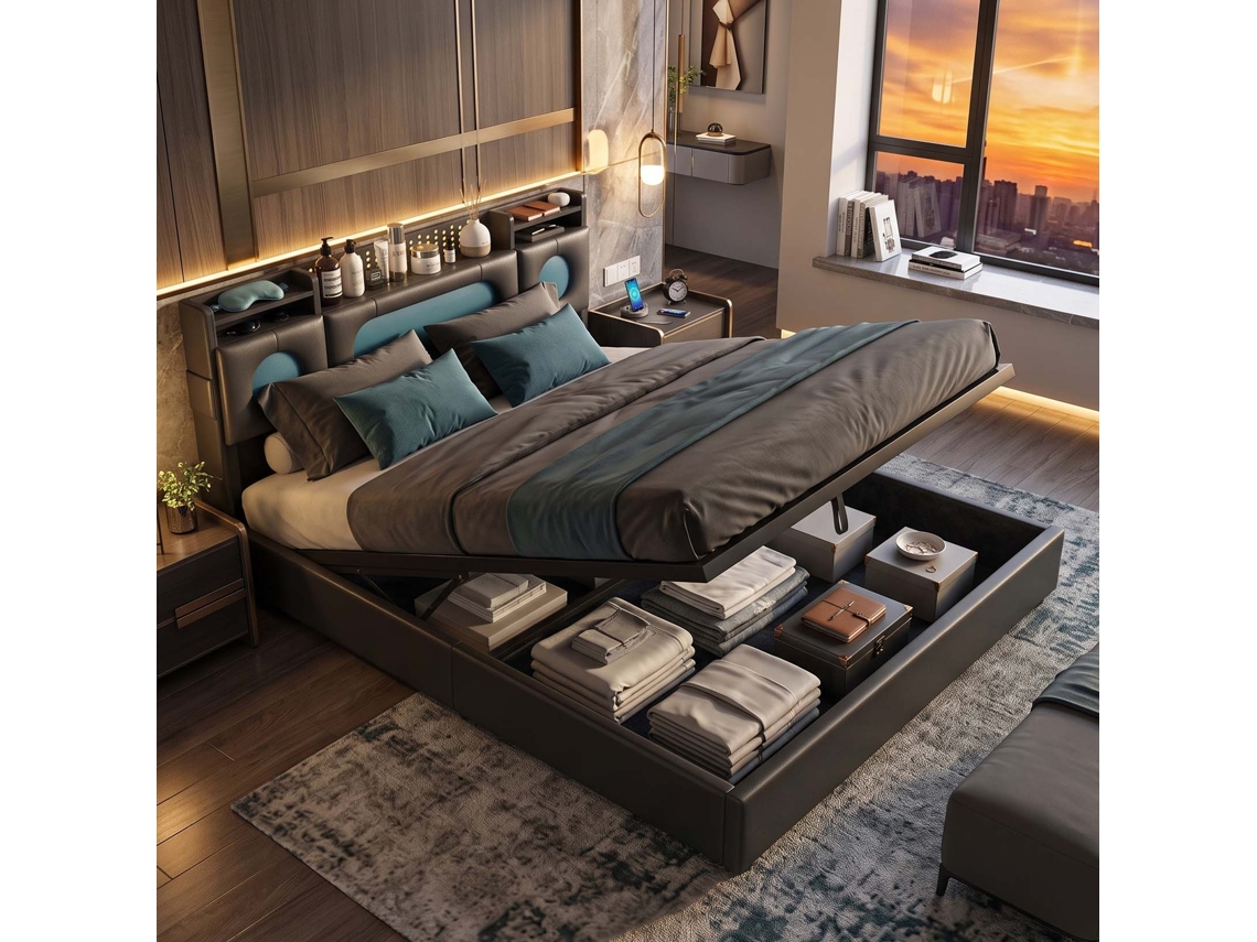 Lazyspace - Cama De Casal Hidráulica Em Pele Pu Com Cabeceira De Armazenamento, Iluminação Led E Portas Usb/type-c, Preto, 160x200 Cm
