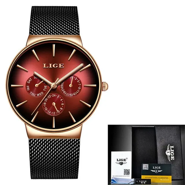 Relógio De Pulso Huashi Fashion Watch (preto E Vermelho) Quartz Mesh Steel À Prova D'água Ultrafino