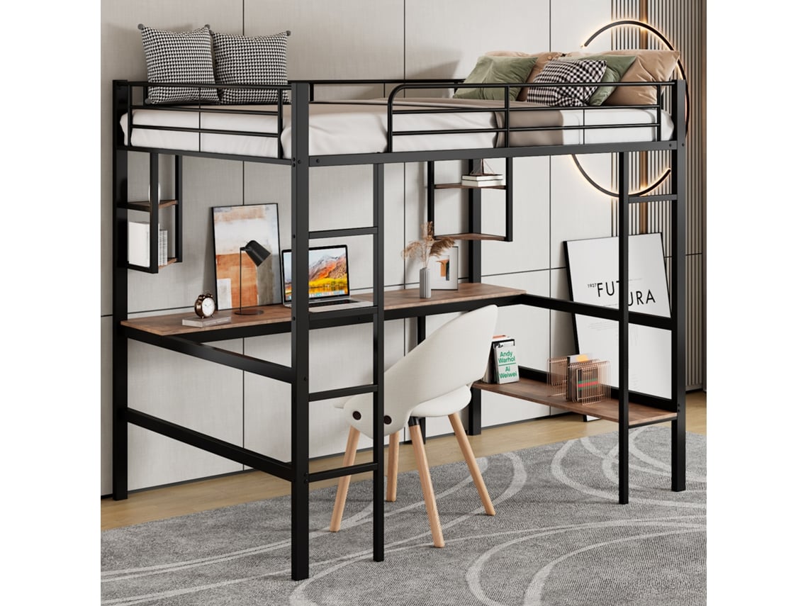 Cama De Metal 90x200cm Com Escrivaninha E Estantes