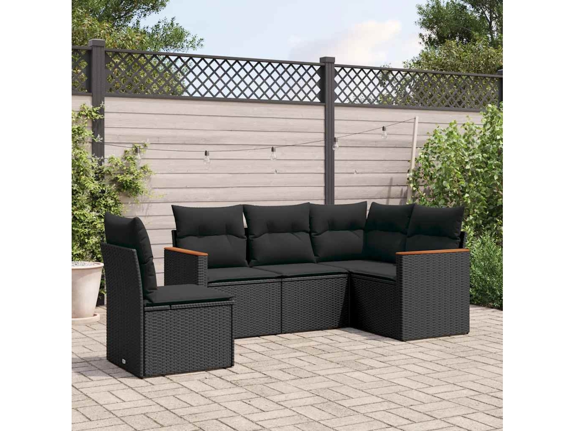 Vidaxl 5 Pcs Conjunto Sofás De Jardim Com Almofadões Vime Pe Preto