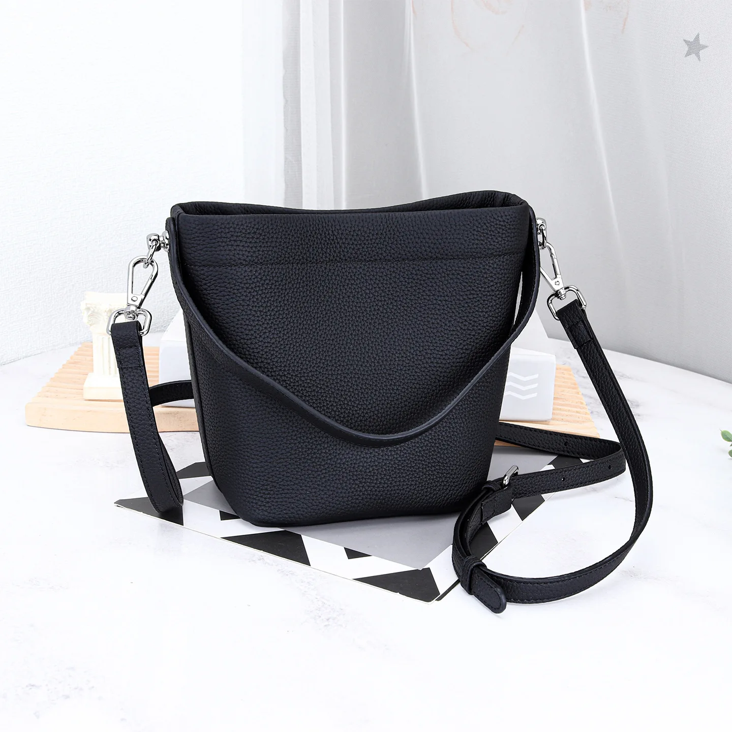 (preta) Mini Bolsa De Ombro Estilo Balde Feminina, Design De Marca, Bolsa De Couro Feminina