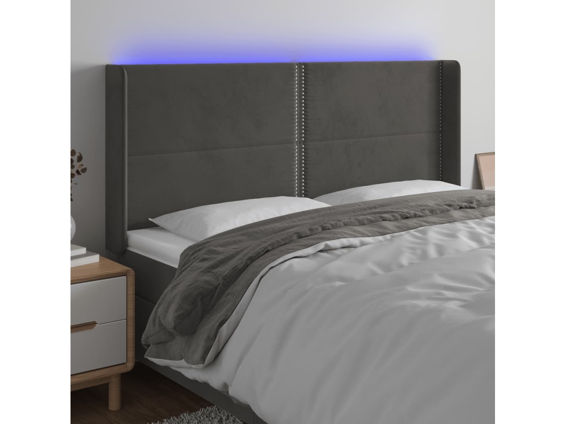 Vidaxl Cabeceira De Cama C/ Led Veludo 183x16x118/128 Cm Cinza-escuro