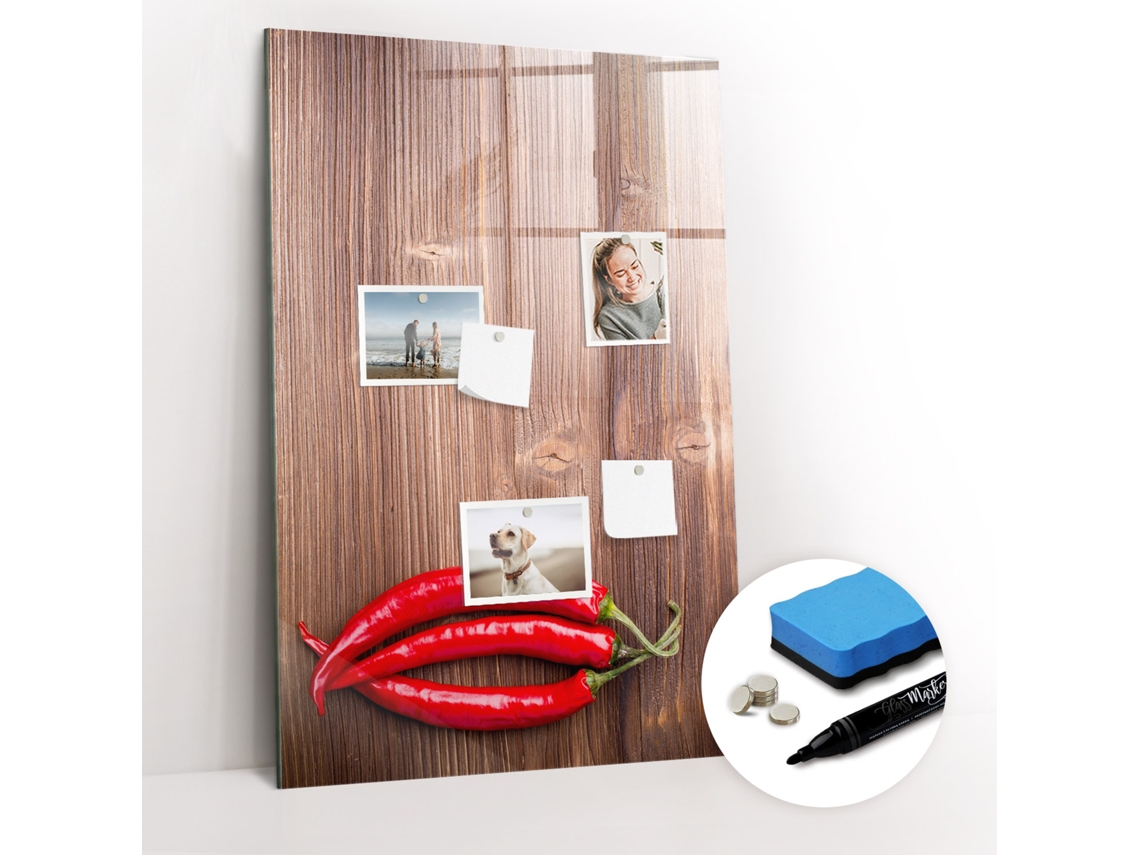 Quadro De Vidro Magnético Pimentos Na Tábua Para A Cozinha Espelharte (60x90 Cm)