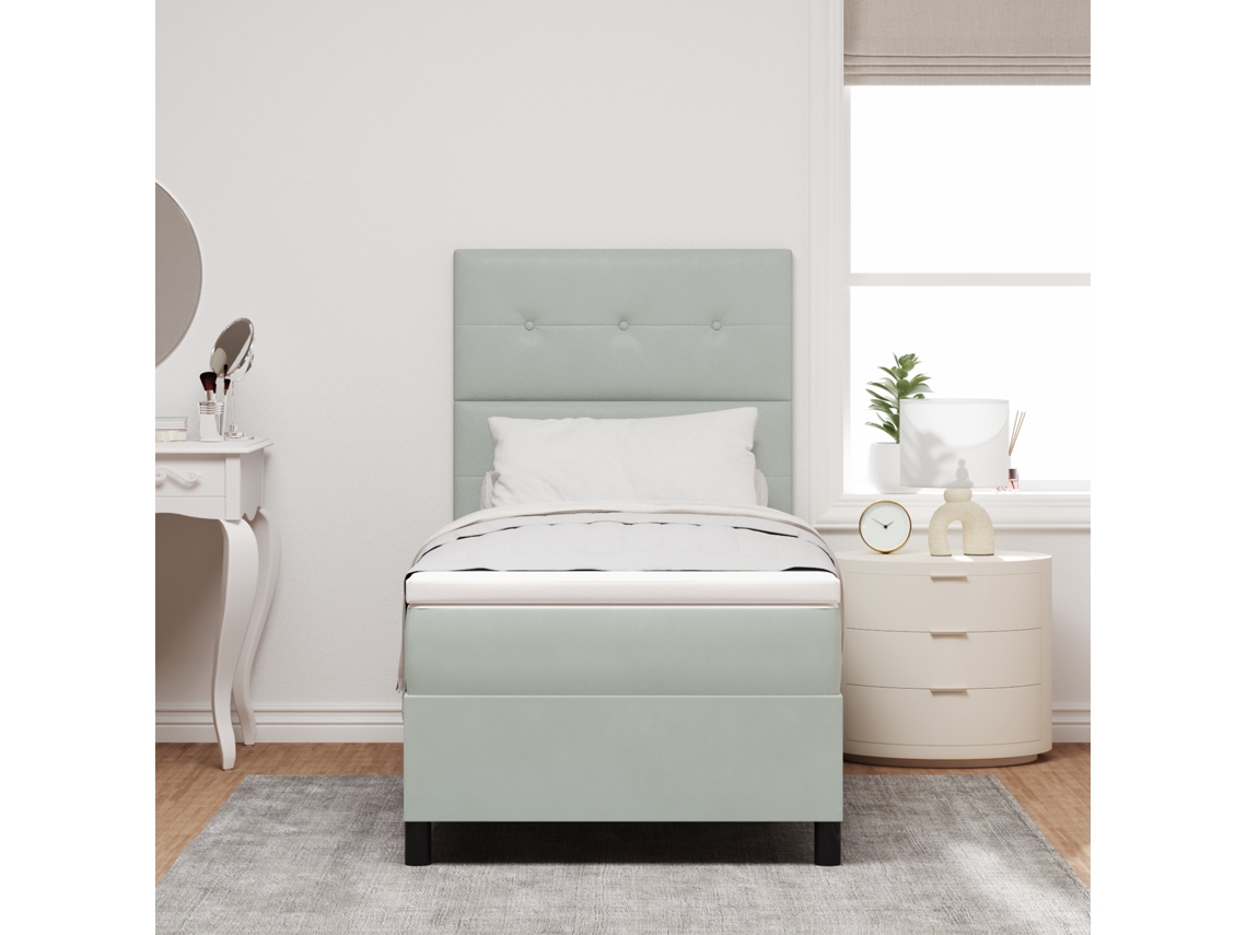Cama Box Com Colchão E Luz Led Cinza Claro 100x200 Cm Em Veludo