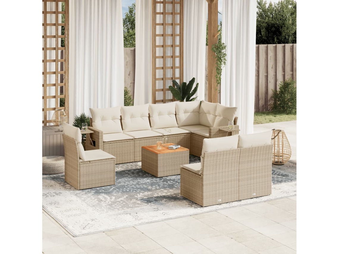 Vidaxl 9 Pcs Conjunto De Sofás P/ Jardim Com Almofadões Vime Pe Bege
