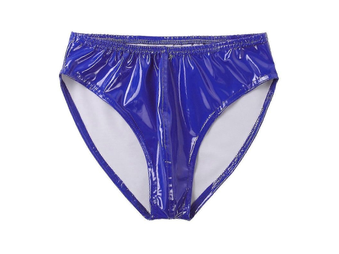 Calcinha Boxer Masculina de Couro Patentado Wet Look com Cintura Elástica para Club Pole Dancing Azul