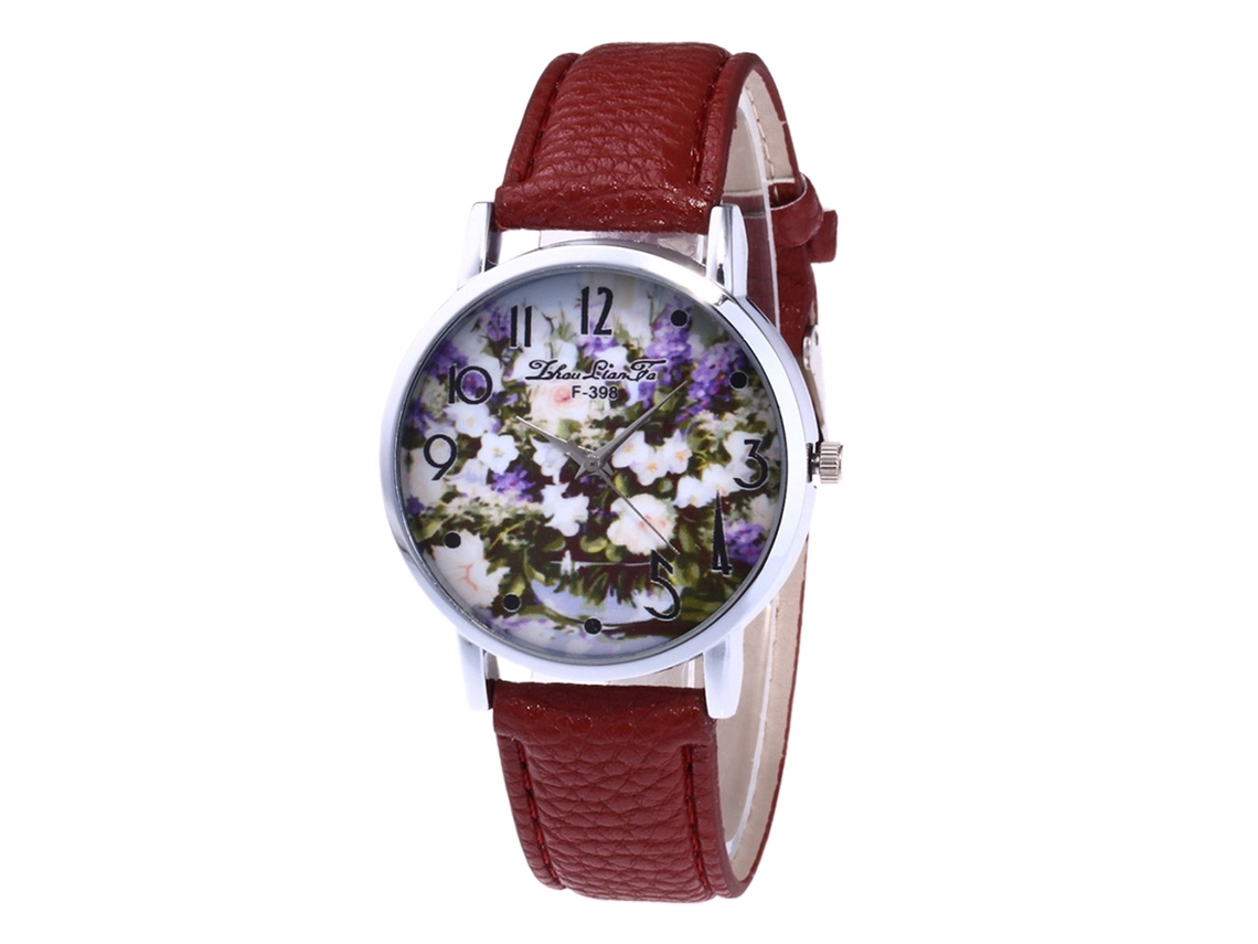 Relógio Feminino de Moda Casual com Padrões Florais Pulseira de Couro Café Zhoulianfa