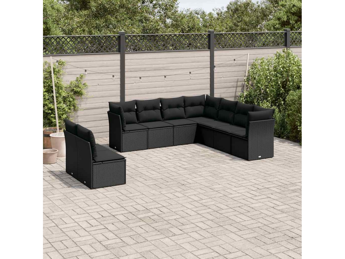 Vidaxl 9 Pcs Conjunto De Sofás P/ Jardim C/ Almofadões Vime Pe Preto