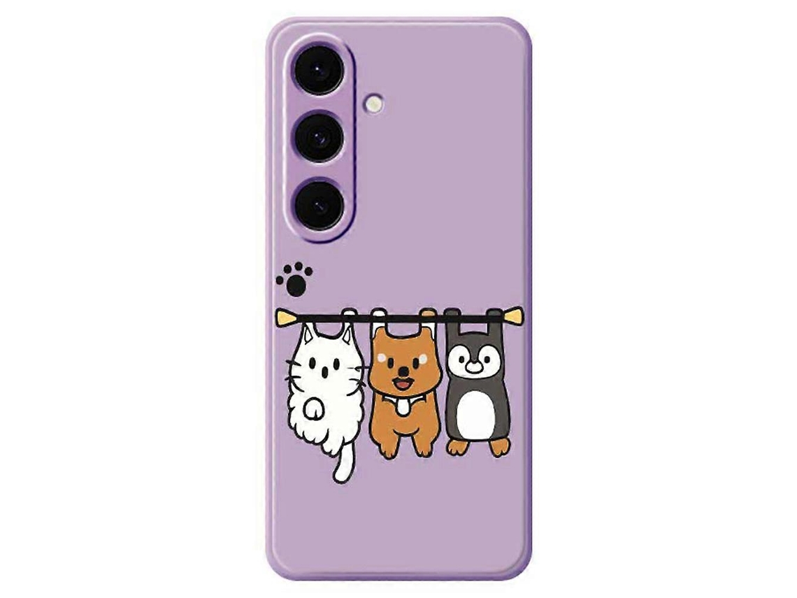 Capa Tkdaddy Para Samsung Galaxy S25 Com Estampa De Três Bonecos De Animais E Bordas Retas Em Tpu, Roxa