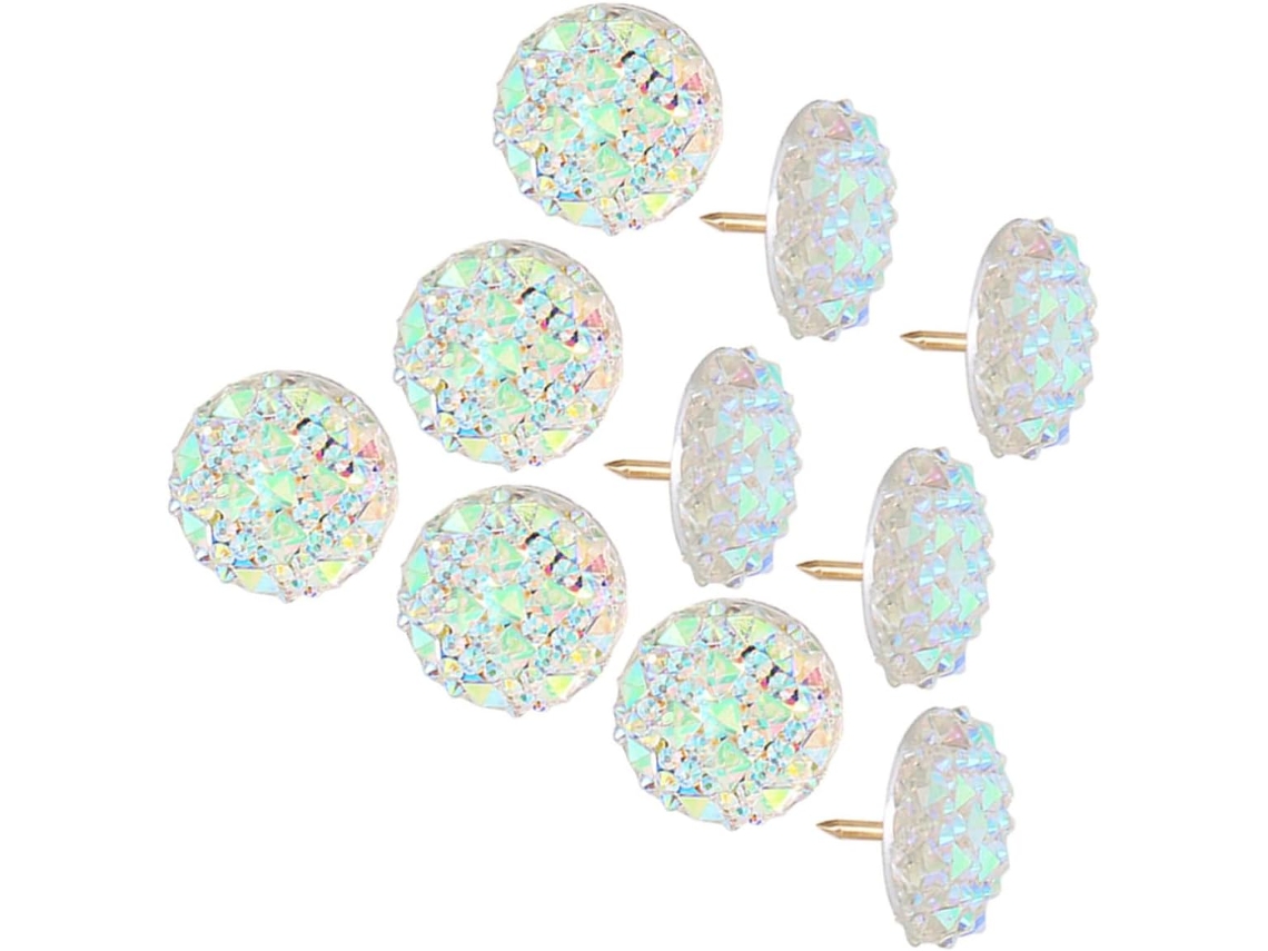 Conjunto de 10 tachininhas multifuncionais compactas com design em strass, em resina e metal, leves e fáceis de guardar.
