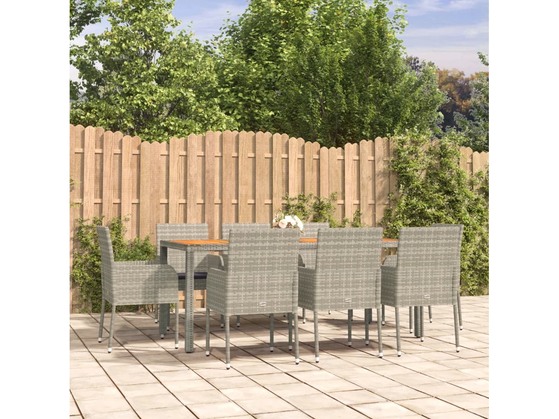9 Pcs Conjunto De Jantar P/ Jardim C/ Almofadões Vime Pe Cinza Dkd Home Decor