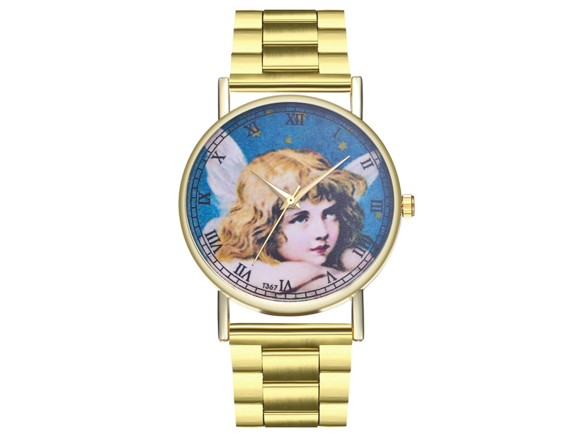 Relógio de Pulso Feminino Zhoulianfa Quartzo Analógico Pulseira de Aço com Padrão de Anjo